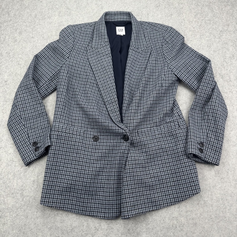 Gap Blazer Jacket Womens 12 Gray Houndstooth Wool Blend Two Button Lined Career